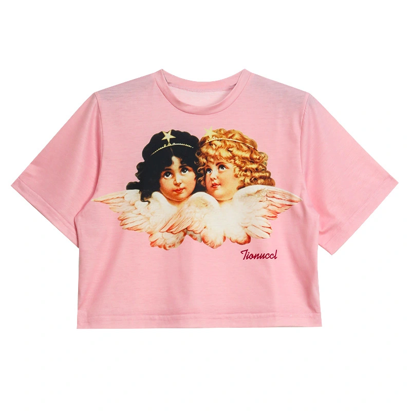 Women's Little Angel Print T-Shirts, Short Sleeve Round Neck Tops