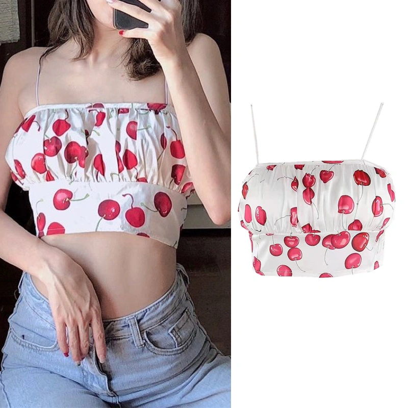 Women Ruched Bust Camisole Spaghetti Strap Cherry Print Crop Cami Tops