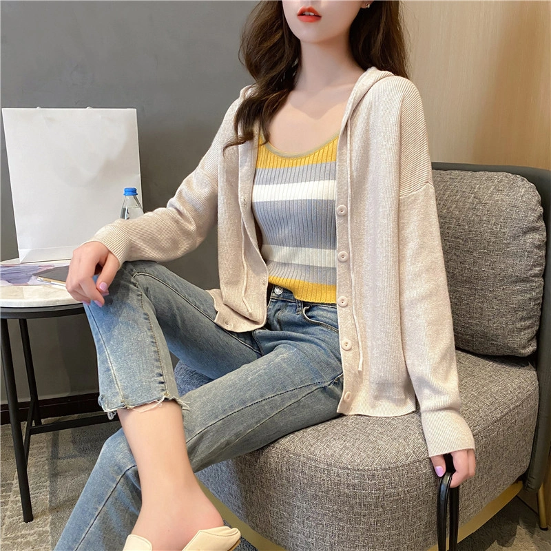 Women Button Down Hooded Tops Long Sleeve Solid Color Knitted Cardigan