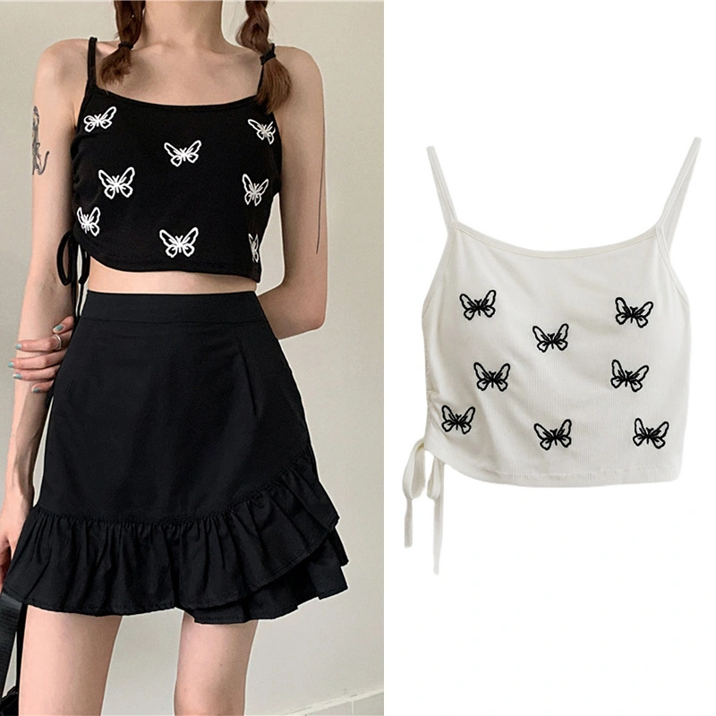 Ladies Midriff-baring Camisole, Butterfly Embroidery Sleeveless Tops