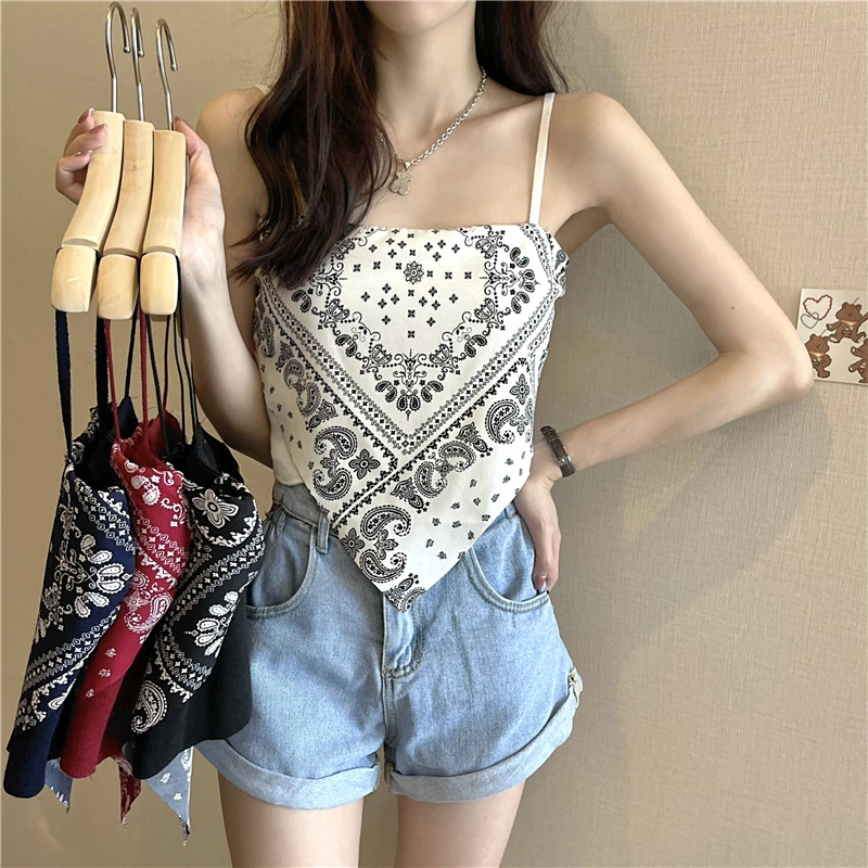 Women Paisley Camisole, Sexy Sleeveless Hanky Hem Crop Cami Tops