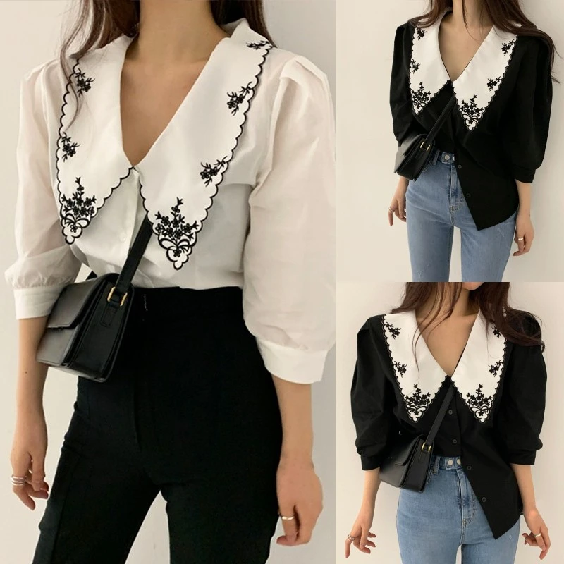 Women Button Down Shirts Puff Sleeve Floral Embroidered Lapel Tops