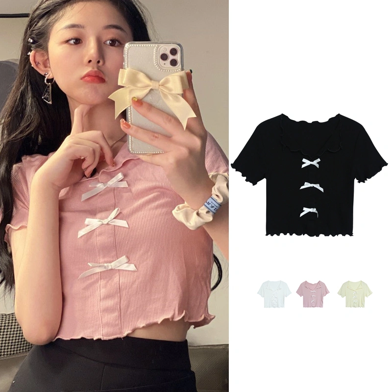 Women Short Sleeve Crop Tops, Bow Front Lettuce Trim Rib Knit T-Shirts