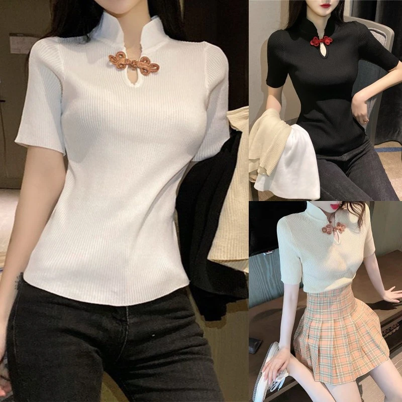 Women Rib Knit Tops, Short Sleeve Solid Color Stand Collar T-Shirts