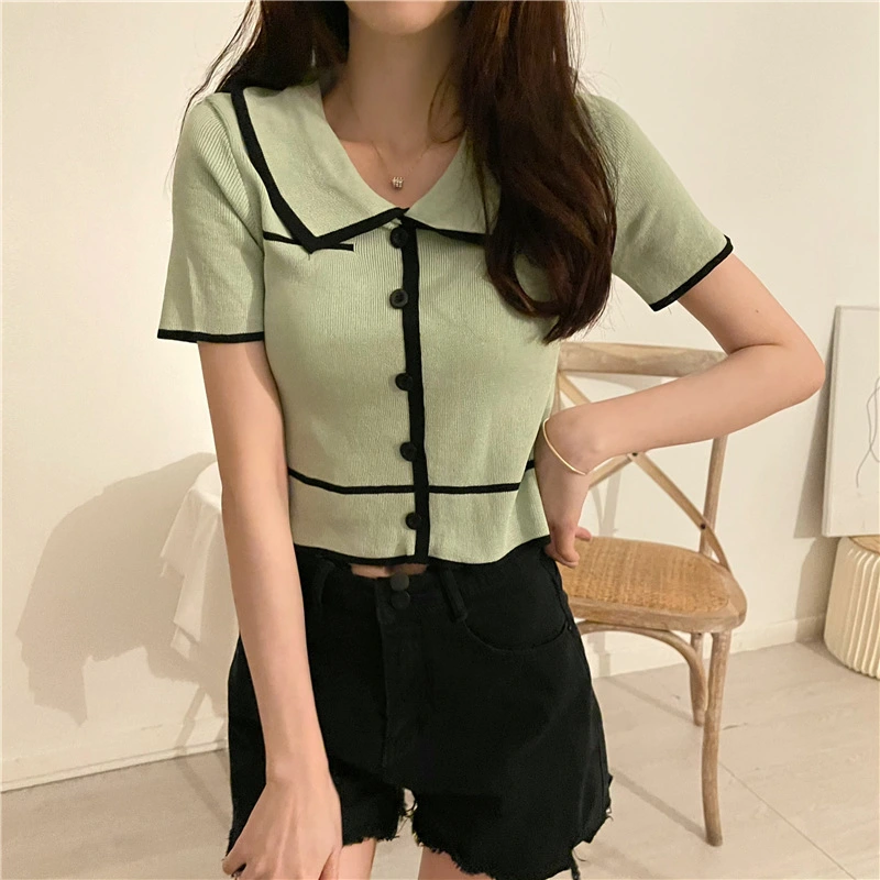 Women Button Down Crop Tops, Short Sleeve Striped Knit Lapel T-Shirts