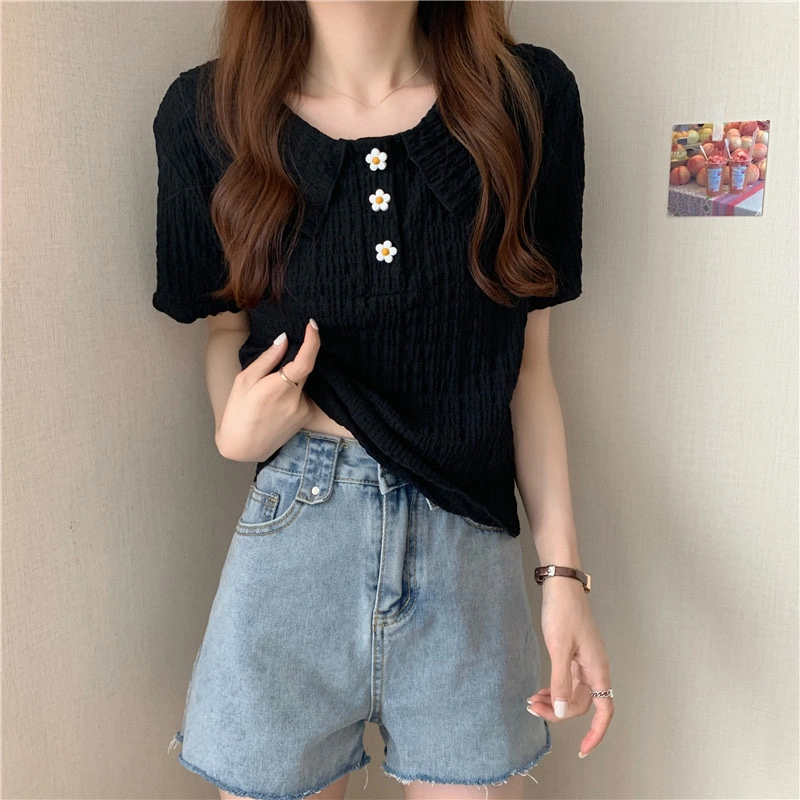 Women's Floral Button T-Shirts, Short Sleeve Doll Collar Loose Tops