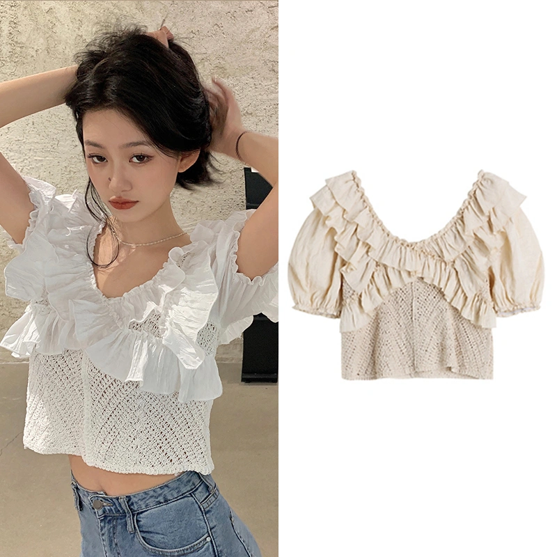 Women Solid Color Crop Tops, Short Puff Sleeve Crochet Ruffle T-Shirts