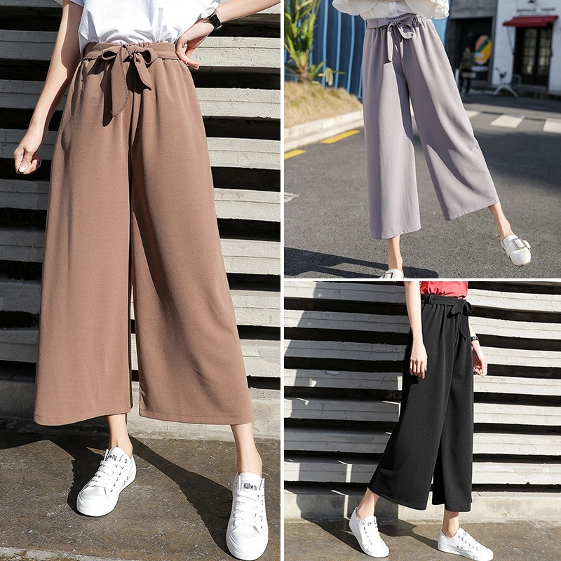 Women Wide Leg Belted Pants, High Waist Solid Color Loose Crop Pants