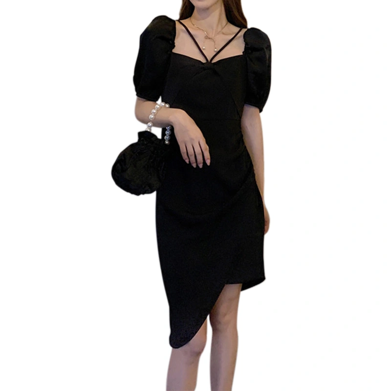 Women's Off Shoulder Short Puff Sleeve Irregular Hem Strap Midi Dress