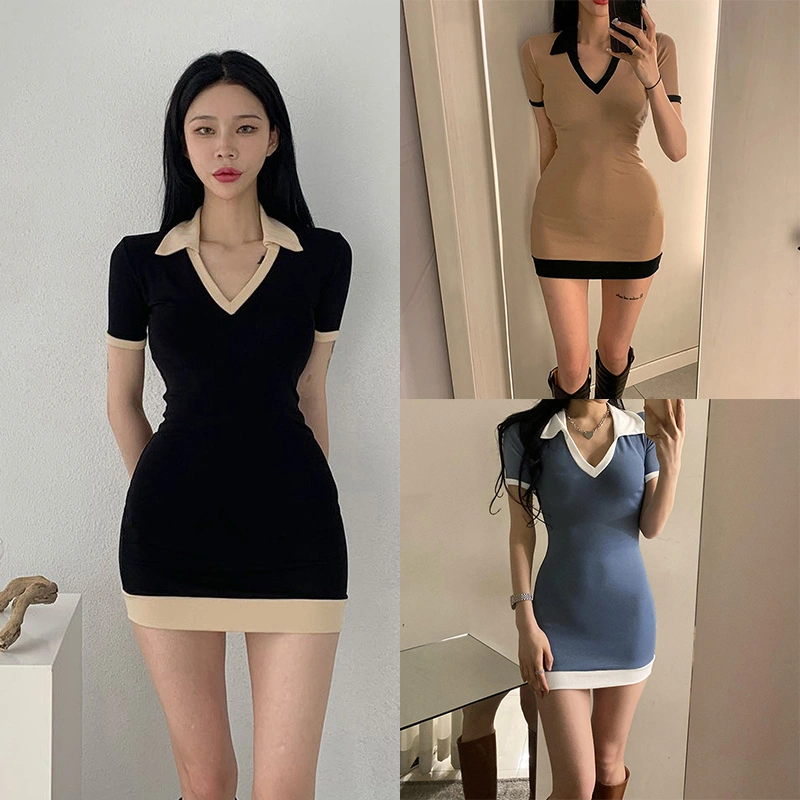 Women Close-fitting Dress, Variegated Color Short Sleeve One-piece