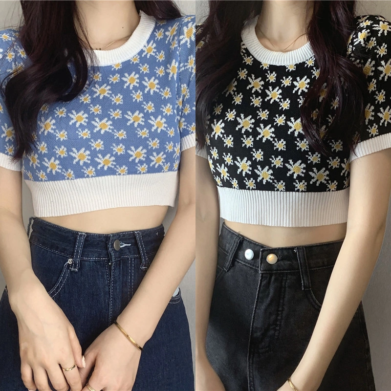 Women T-Shirt, Daisy Stitching O-Neck Short Sleeve Knitted Crop Tops