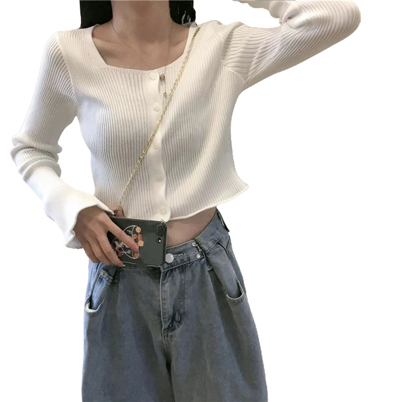 Women Rib Knit Crop Tops, Long Sleeve Scoop Neck  Button Down T-Shirts