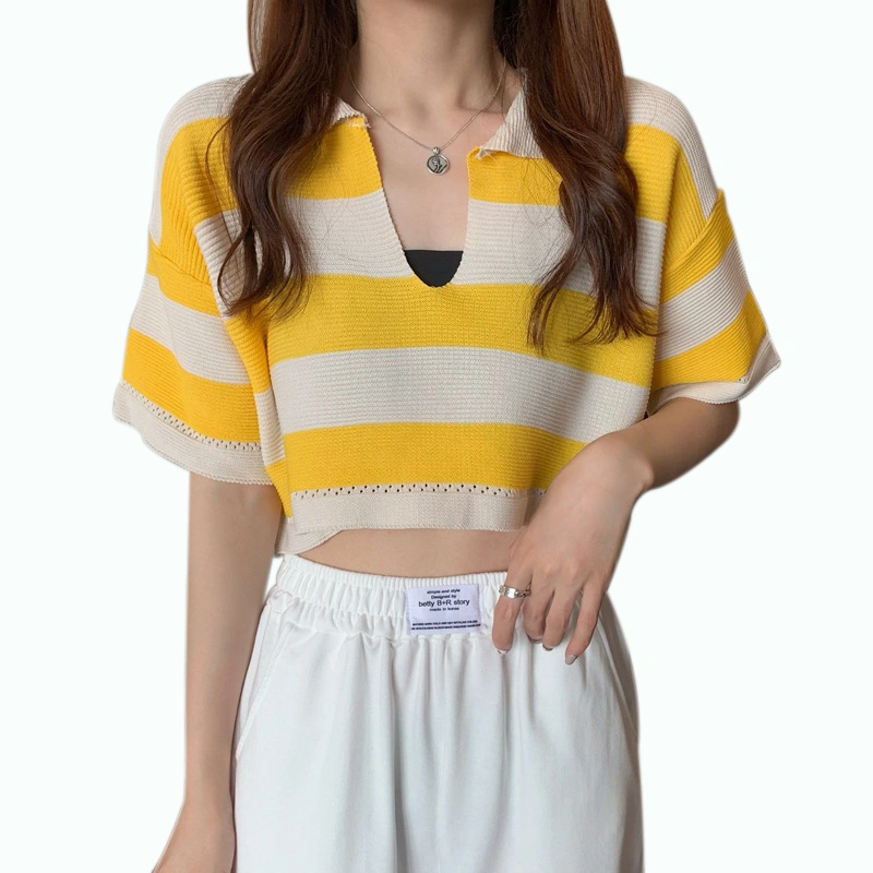 Women’s Fashion Stripe Exposed Navel Short Sleeve Knitted Tops