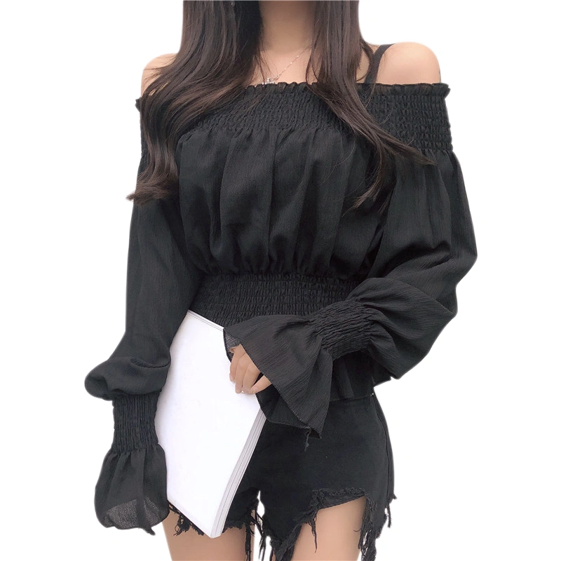 Women Solid Color Pullover, Long Flared Sleeve Off-the-shoulder Tops