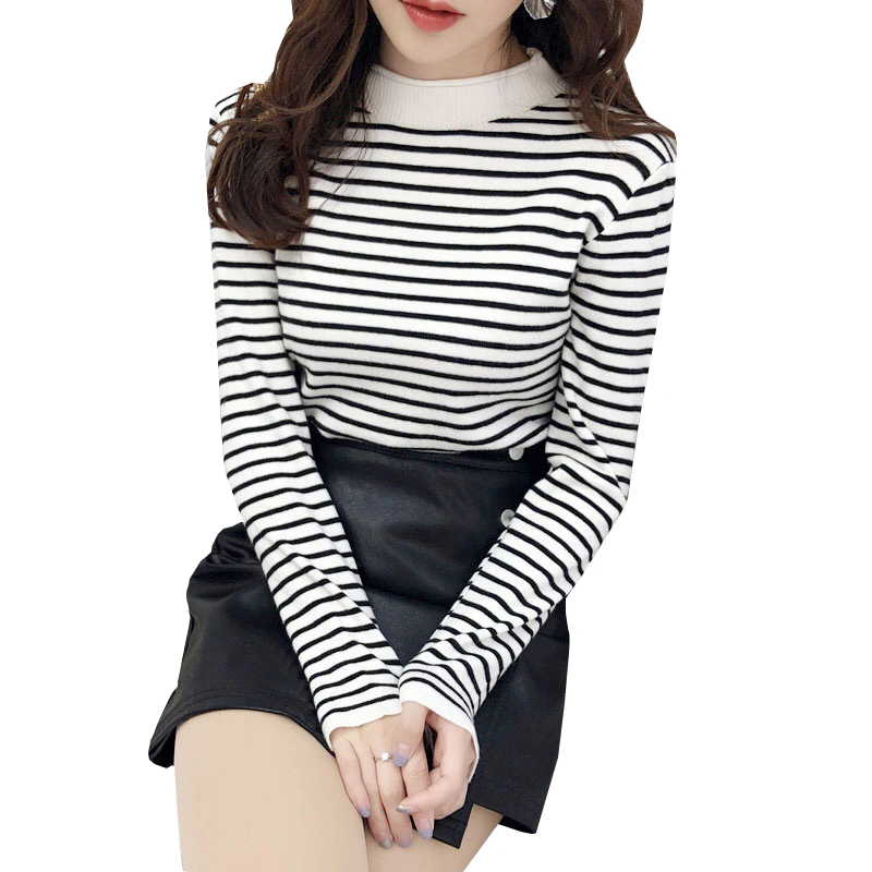 Women Striped Knit Tops, Long Sleeve Mock Neck Slim Fit T-Shirts