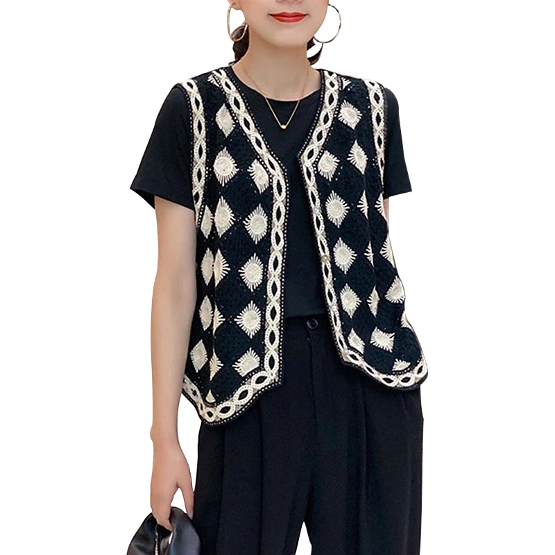 Women Knit Waistcoat Retro Floral V Neck Cardigan Casual Sweater