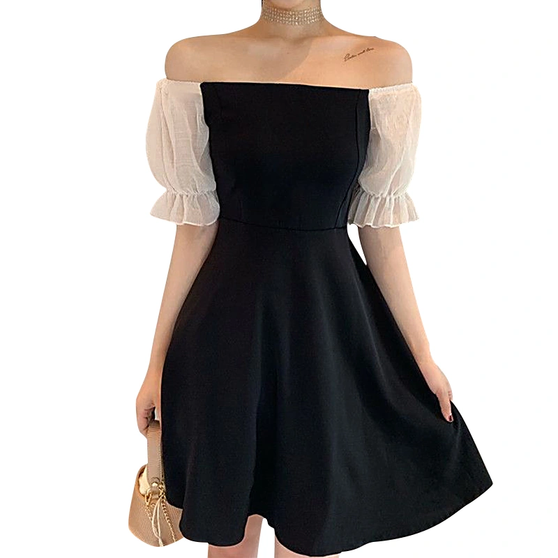 Women Off-shoulder Dress, Color Block Puff Sleeve Boat Neck One-piece