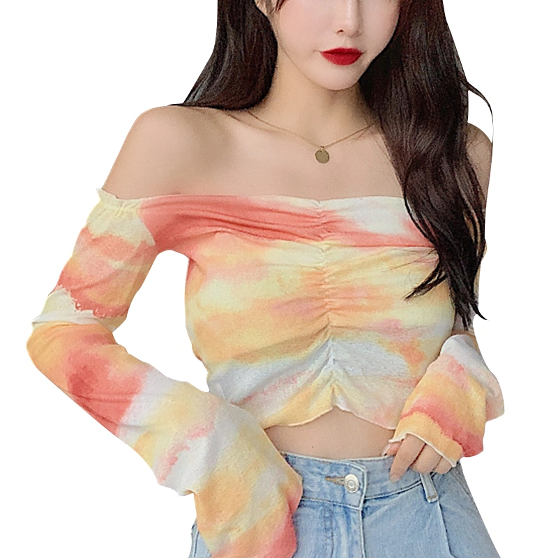 Women’s Tie-dye Printed Boat Neck Exposed Navel Long Sleeve T-shirt