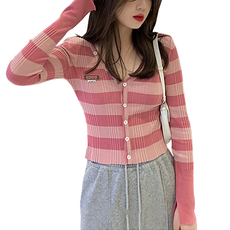 Women Cardigan, Stripe V-Neck Button-Down Knitted Cropped Coat