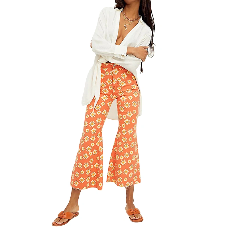 Daisy Print Trousers, High Waist Butt-lift Bootcut Pants with Pockets