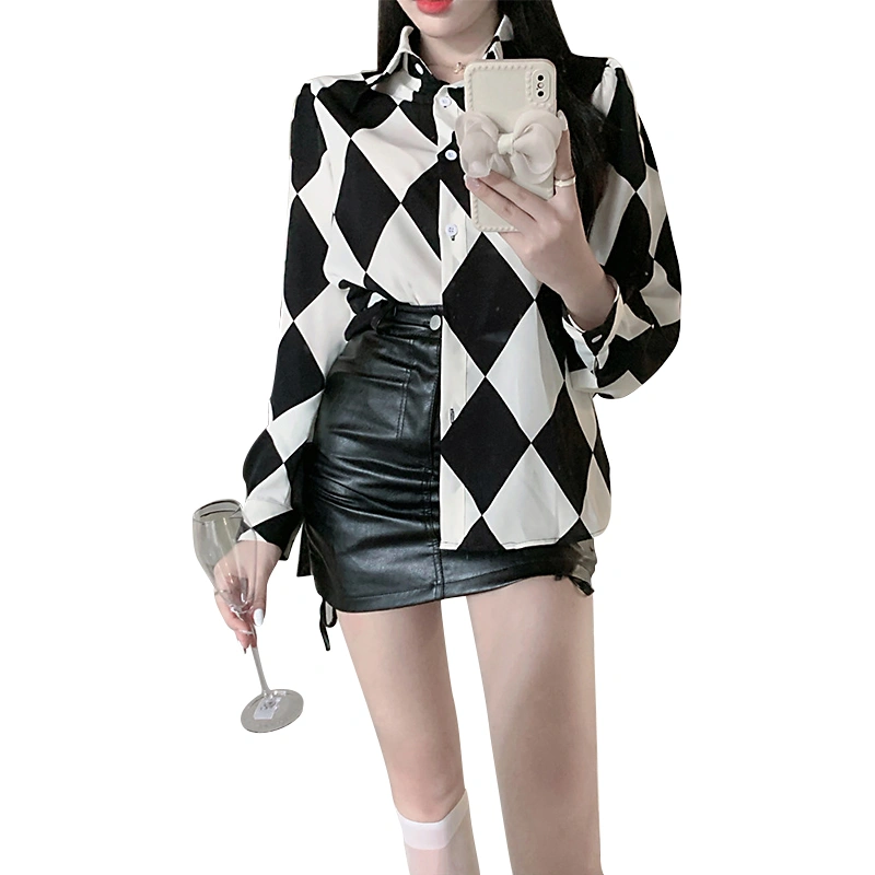 Women's Long Sleeve Shirt, Rhombus Pattern Lapel Button Blouse