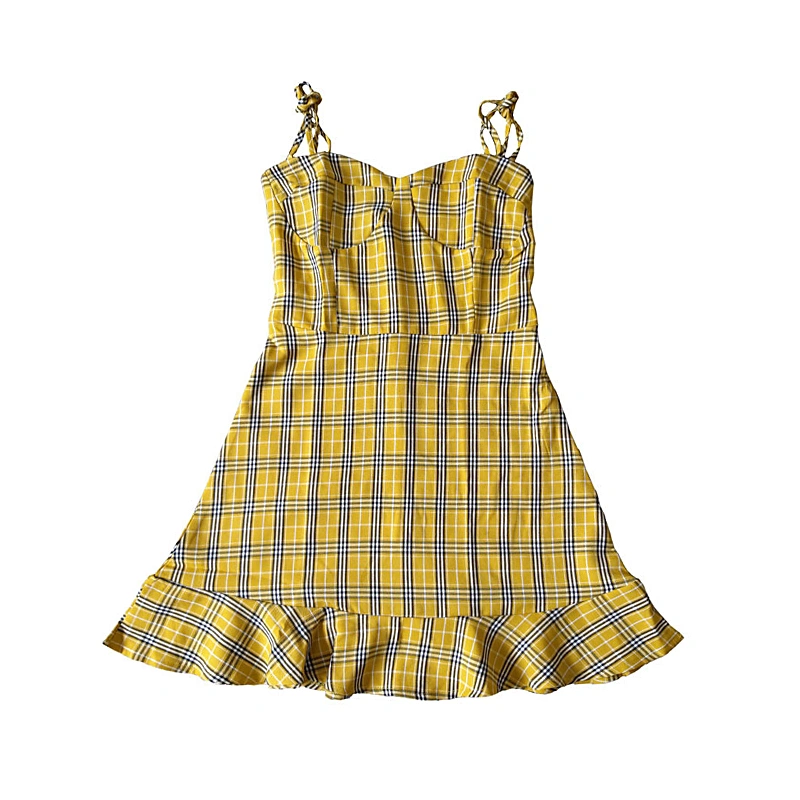 Women Sleeveless Dress with Plaid Pattern, Ruffle Sweet Clothing