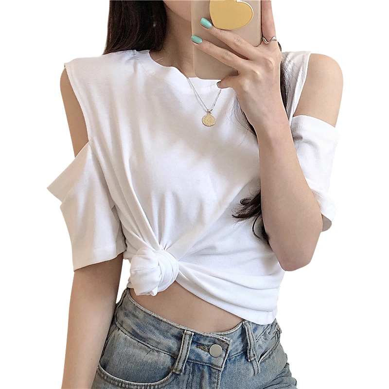 Ladies Off Shoulder Tops, Round Collar Short Sleeve Loose T-shirt