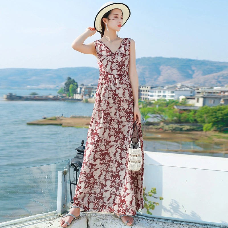 Women Casual Dress, Flower V-Neck Slim Fit Sleeveless Long Dress