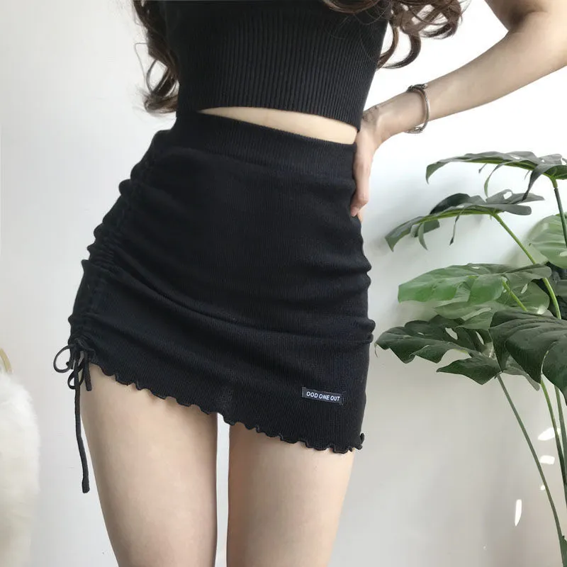Women Knitted Skirt Side Drawstring Wrapped Hip High Waist Mini Skirt
