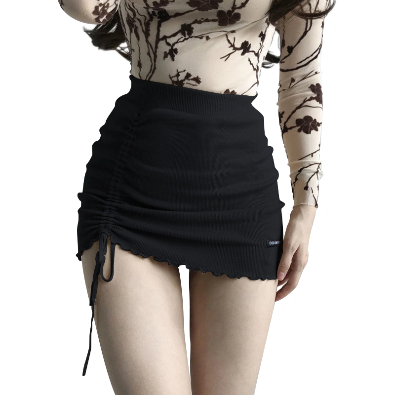 Women Knitted Skirt Side Drawstring Wrapped Hip High Waist Mini Skirt