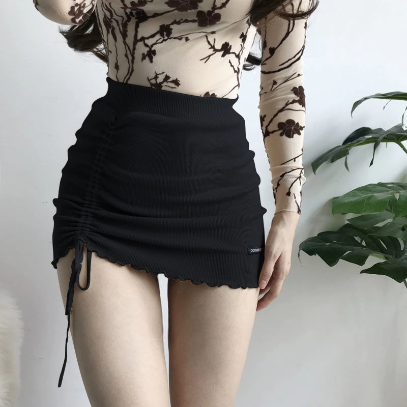 Women Knitted Skirt Side Drawstring Wrapped Hip High Waist Mini Skirt