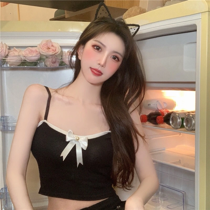 Women Crop Tops, Spaghetti Straps Patchwork Chest Bow Camisole