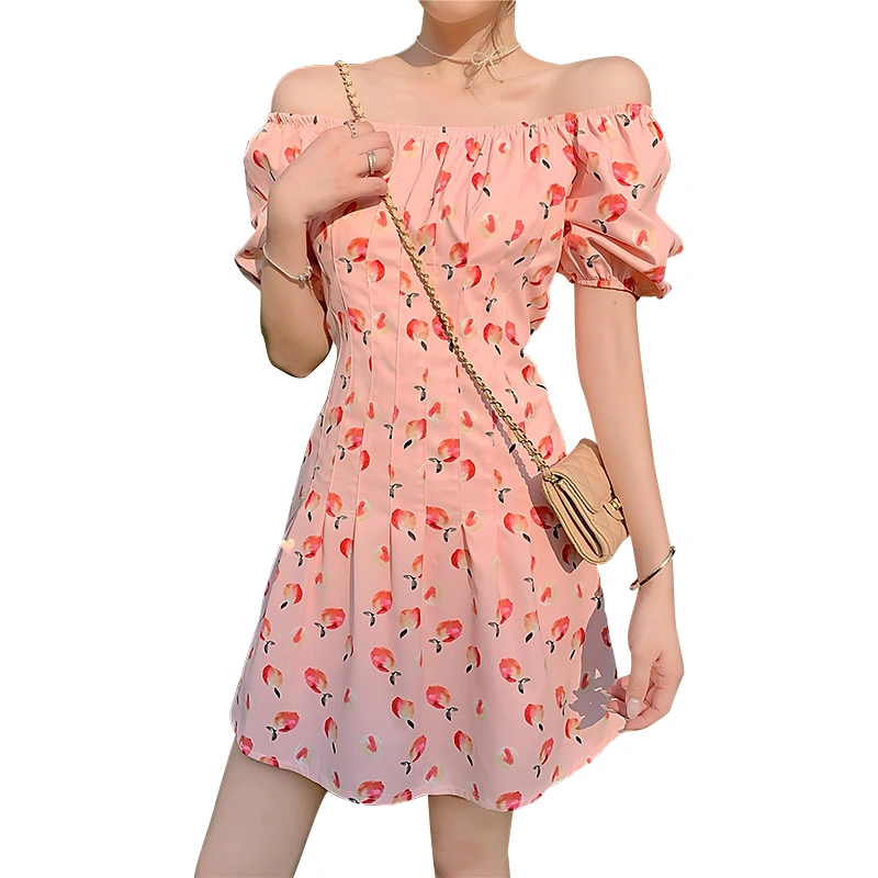 Women's Peach Print Dress, Puff Short Sleeve Mini Short French Dress