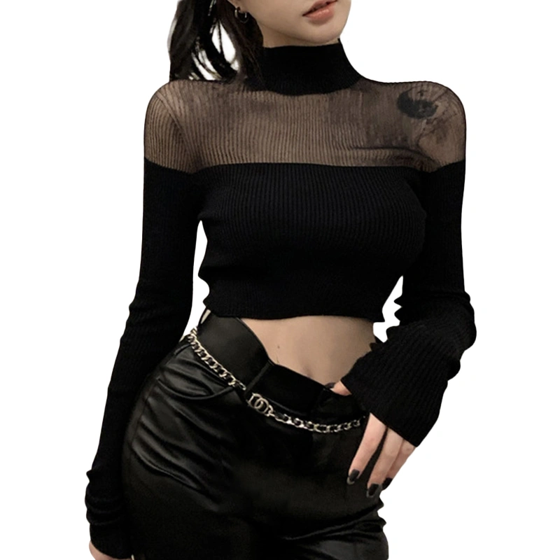 Women’s Mesh Yarn Stitching Round Neck Exposed Navel Long Sleeve Tops