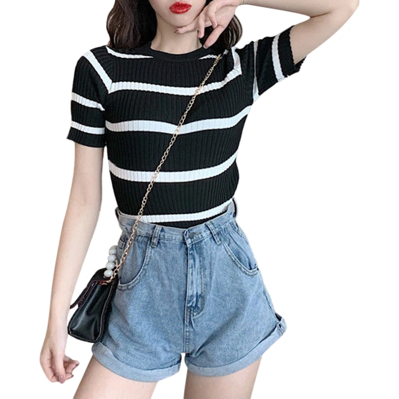 Women T-shirt, Crew Neck Short Sleeve Stripes Hollowed Summer Tops