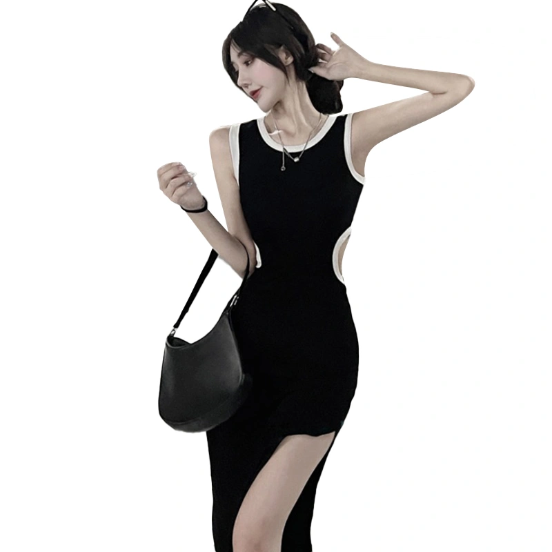 Ladies Dress Waist Cutout Side High Slit Sleeveless Crew Neck Dress