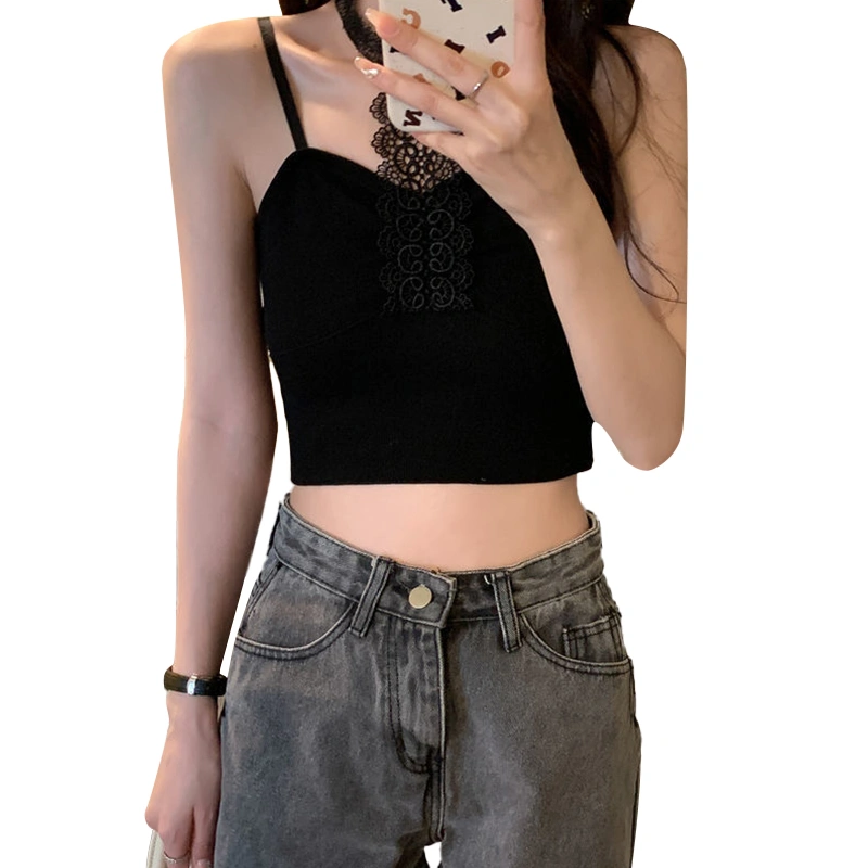 Women Camisole Ruched Chest Patchwork Lace Halter Neck Vest Crop Tops