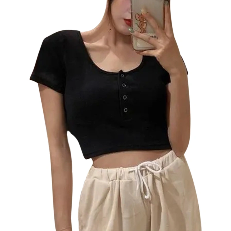 Women Crop Tops U Neck Short Sleeve Solid Color Snap Buttons T-shirts