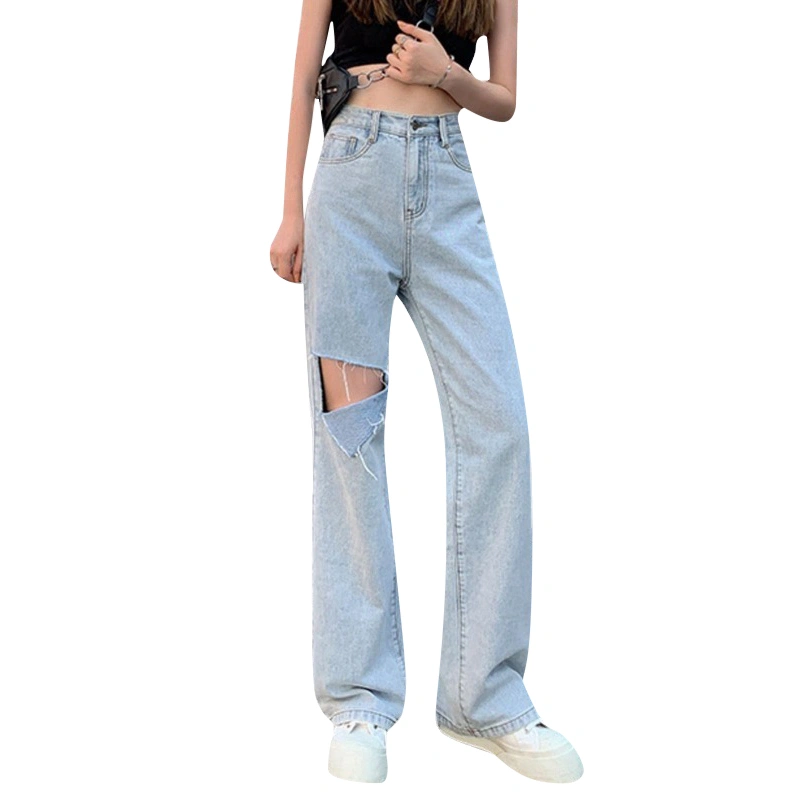 Ladies Loose Long Ripped Jeans, Denim Pants, Wide-leg Trousers