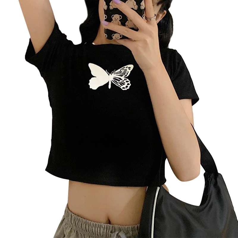 Crop Tops, Slim-fit Reflective Butterfly Print Short Sleeve T-shirt