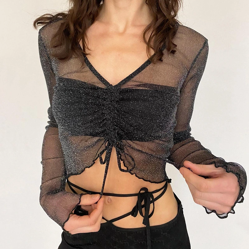 Women Shirt Crop Tops, Long Sleeve Ruched See Through Shiny Tops