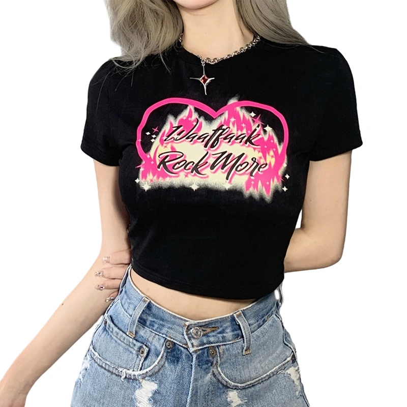 Women Slim Cropped Tops Letters and Hearts Print Short Sleeves Shirt