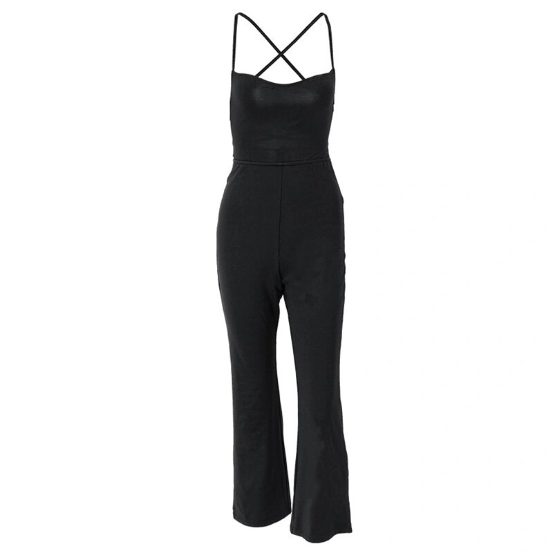 Women Trendy Jumpsuit, Solid Halter Neck Tie Strappy Backless Rompers