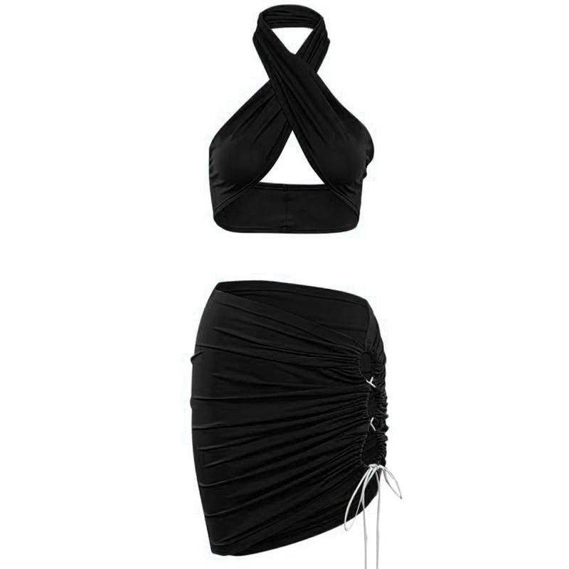 Women Solid Cross Halter Neck Vest + Hollow Out Tie-Up Mini Skirt 