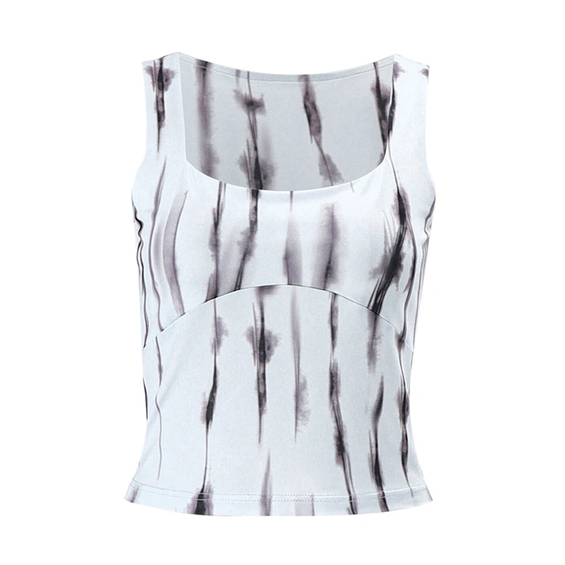 Women's Summer White Sleeveless Square Neck Ink Print Streetwear Vest