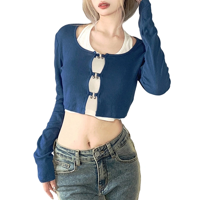 Women Short Tops Set, Halter Tank Tops + Long Sleeve Cutout Crop Tops