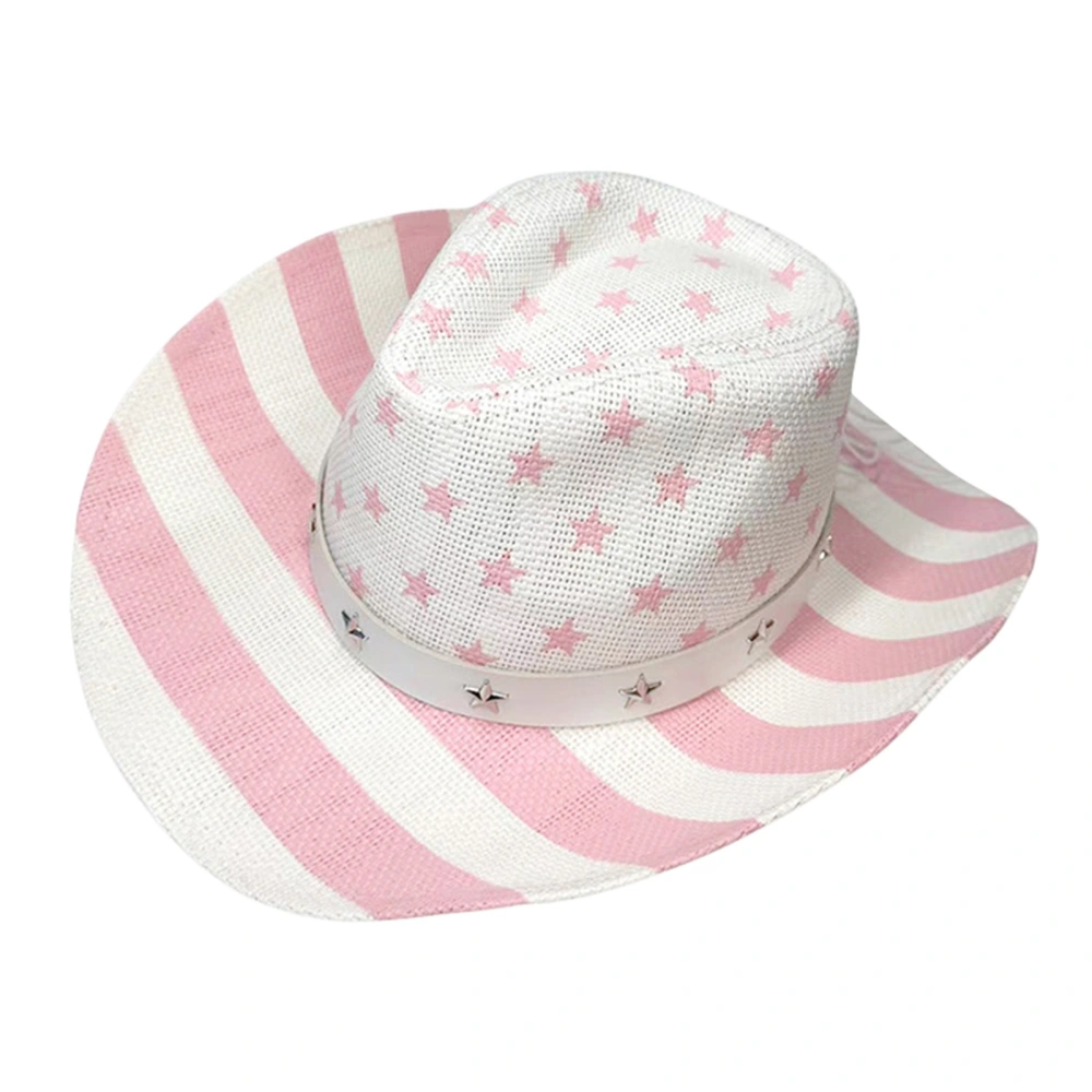 Women Men Pink Cowboy Hat Wide Brim Stars Pattern Cowgirl Cap