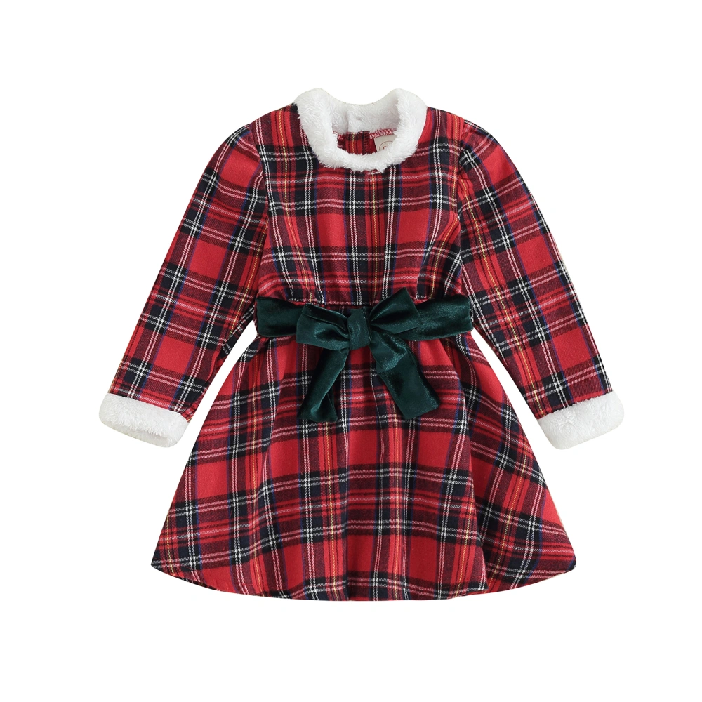 Kids Girls Dress Christmas Clothes Plaid Patchwork Long Sleeve Dress