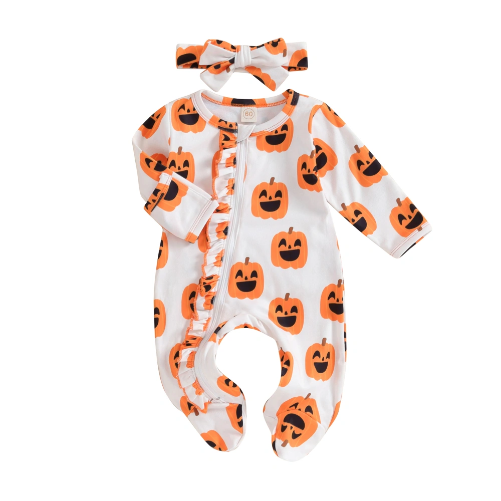 Baby Girls 2 Piece Outfits Halloween Print Zipper Romper and Headband