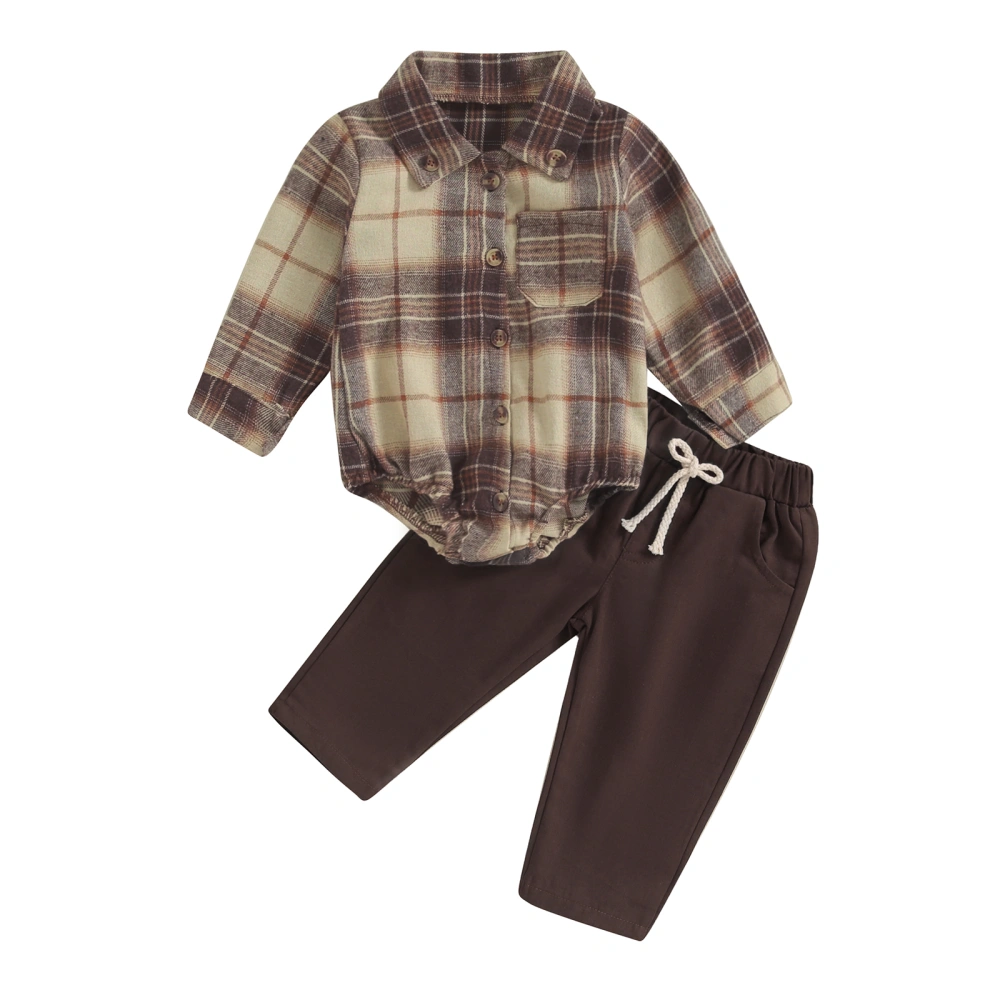 Baby Boy 2Pcs Fall Outfits Long Sleeve Plaid Shirt Romper + Pants